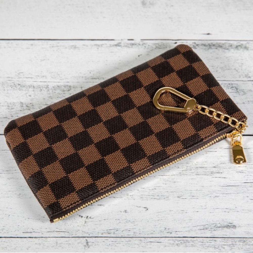 PU Leather Checkered Long Wallet | Clutch Wallet with Keychain